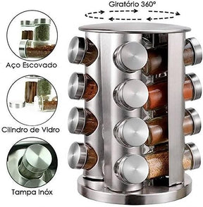 Porta Temperos e Condimentos - Suporte Para Cozinha Giratório Inox 16 Potes de Vidro