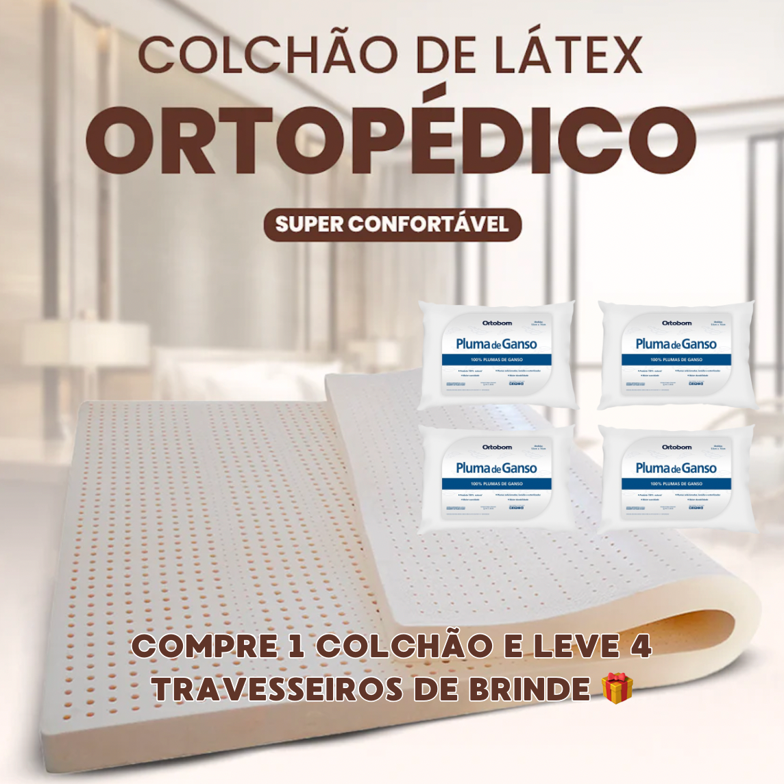 Colchão de Látex Ortopédico Confortável + 4 Travesseiros (BRINDE)