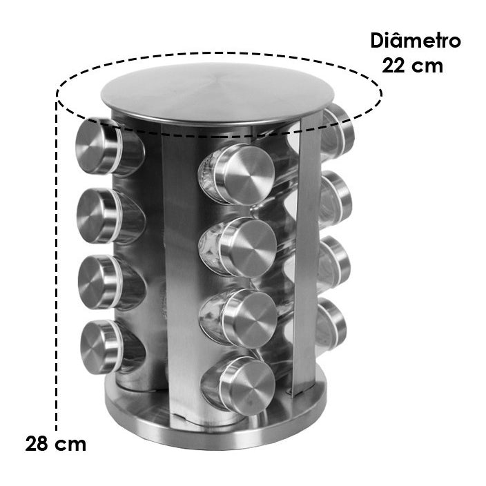 Porta Temperos e Condimentos - Suporte Para Cozinha Giratório Inox 16 Potes de Vidro